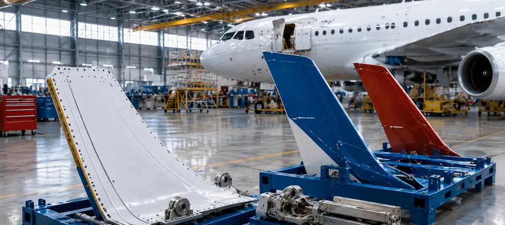Aircraft structural parts staged in a maintenance hangar