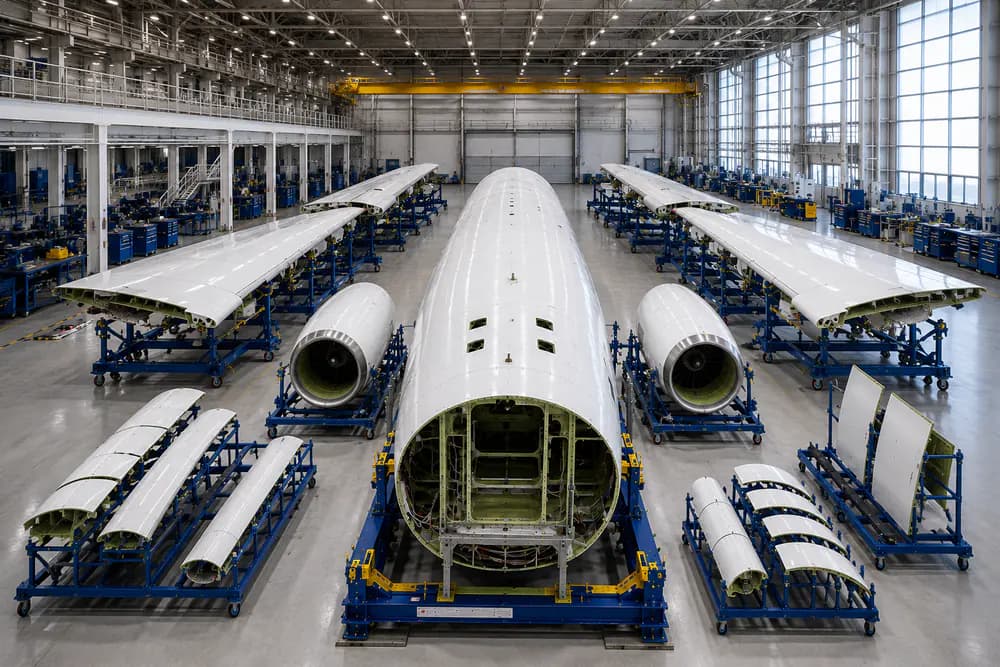 Aircraft fuselage and parts staged for heavy maintenance