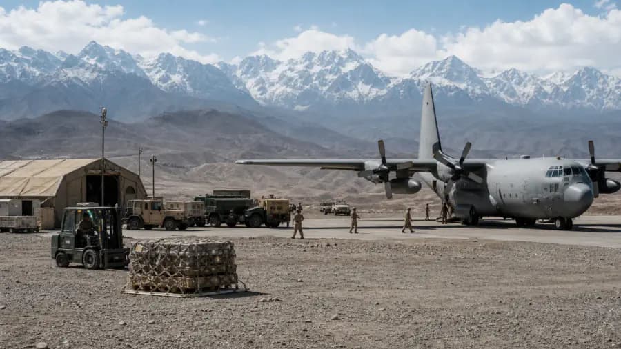 Military transport aircraft at a remote forward airfield
