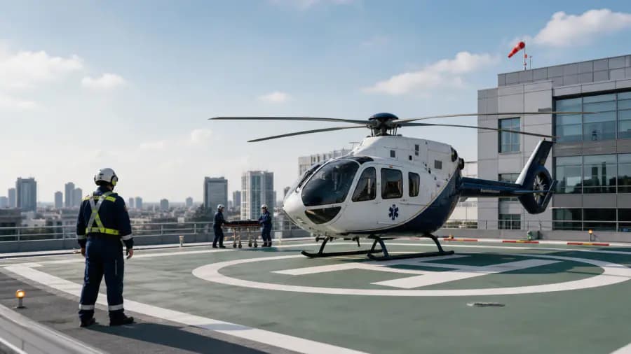 Medical helicopter on a hospital rooftop heliport