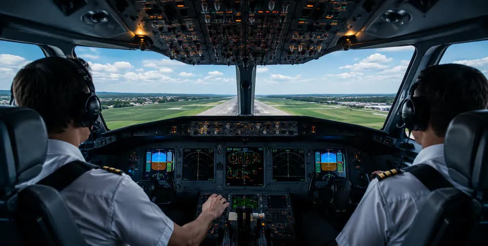 Pilots in cockpit on final approach to a runway
