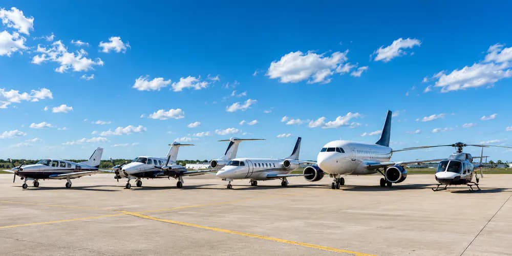 Mixed aviation fleet on a sunny airport apron