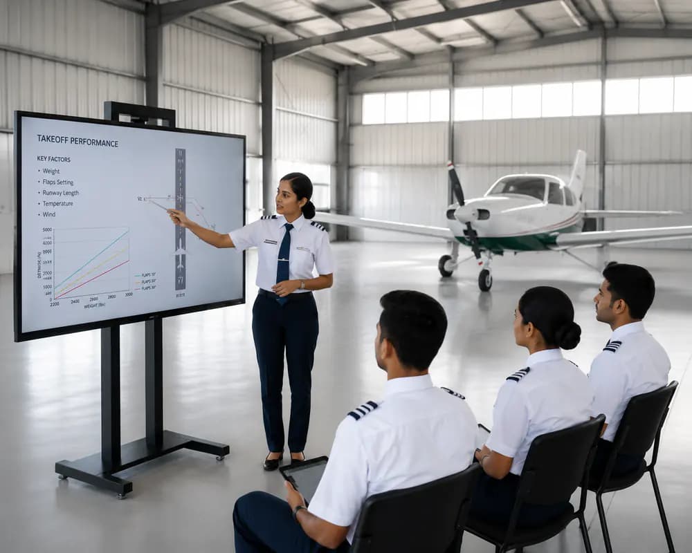 Pilot instructor conducting takeoff performance training in an aircraft hangar