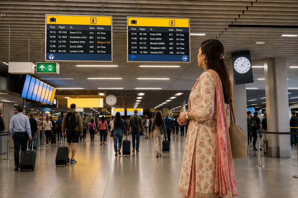 Passenger checking airport flight information displays inside a regional terminal