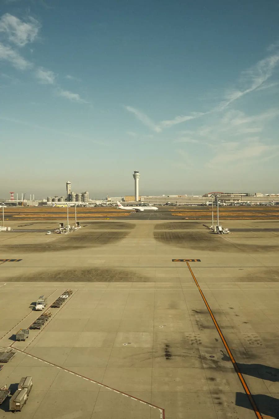 Active airport apron, runway, and control towers