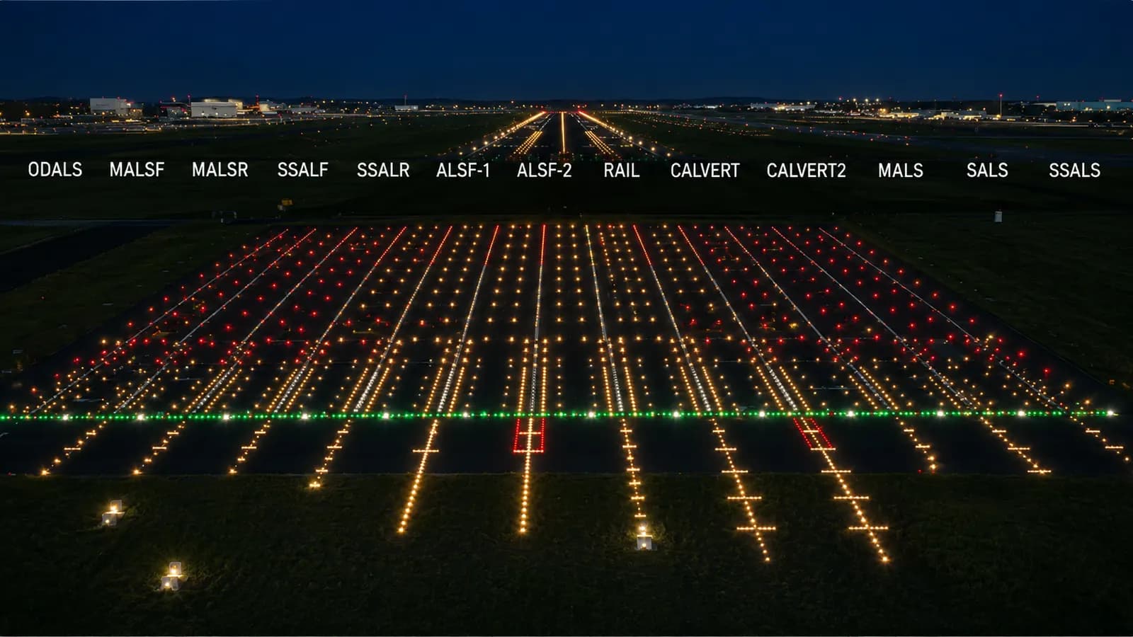 Runway approach lighting systems comparison with ODALS, MALSF, ALSF, MALS, SALS, and SSALS patterns at night