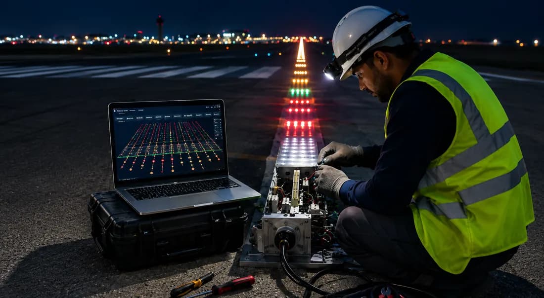 Runway lighting technician commissioning an illuminated lighting module with diagnostic software