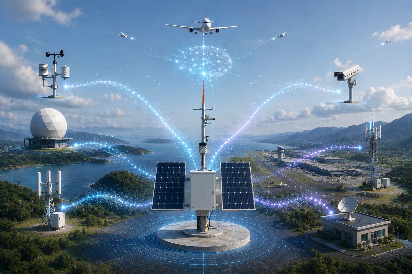 MicroTower intelligence network connecting aircraft, weather sensors, radar, cameras, and communications systems